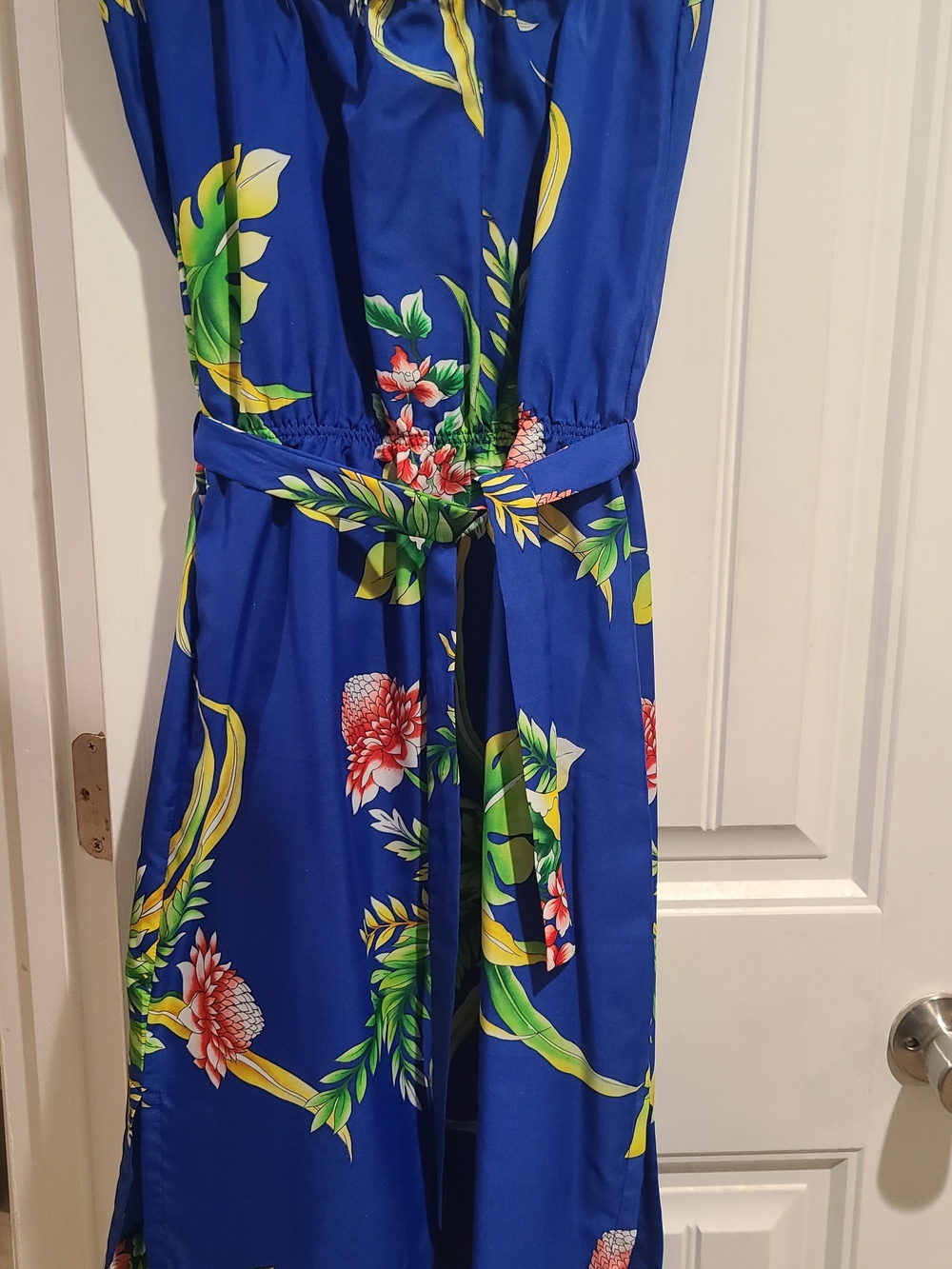 Vintage Hilo Hatti Royal Blue Floral Midi Dress with Tie Belt, Made In USA